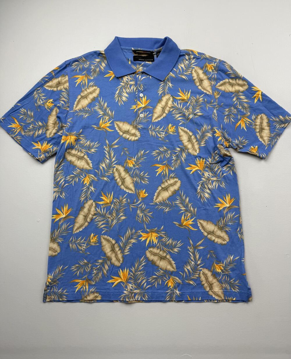 Greg Norman Polo Shirt Mens Large Blue Tropical Hawaiian Floral Golf Knit